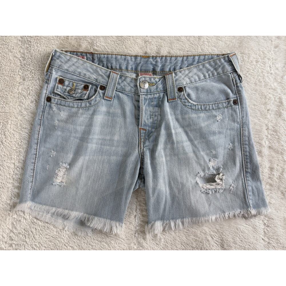 True Religion Jayde Denim Shorts Womens 29 Light Wash Distressed Frayed Cutoff
